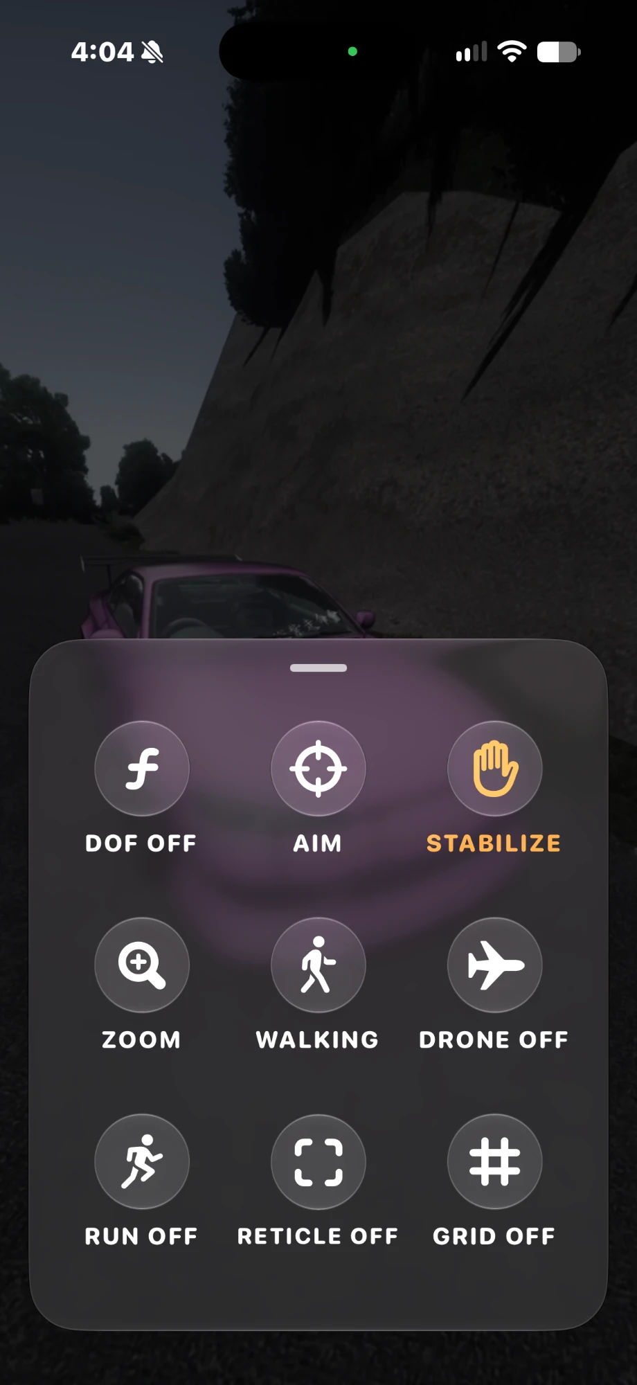 The tools panel: depth of field, aim, stabilize, zoom, walking, drone, run, reticle and grid