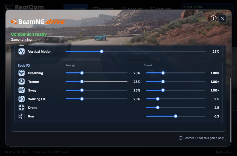 Body FX in RealCam Hub: breathing, tremor, sway, walking, drone and run settings