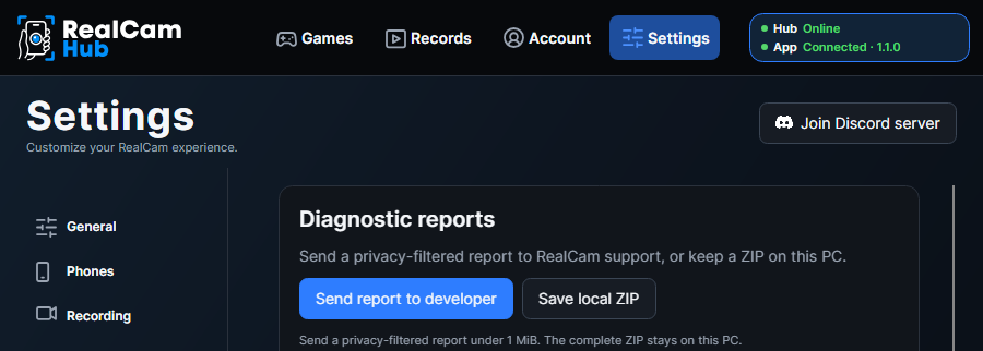 Diagnostic reports in RealCam Hub with the Send report to developer button