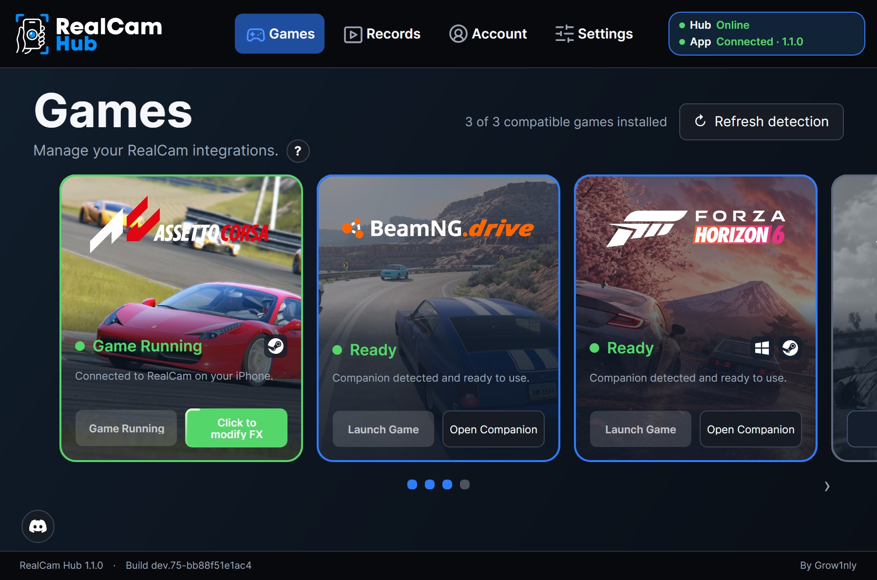 RealCam Hub showing Assetto Corsa, BeamNG.drive and Forza Horizon 6 ready, with a phone connected