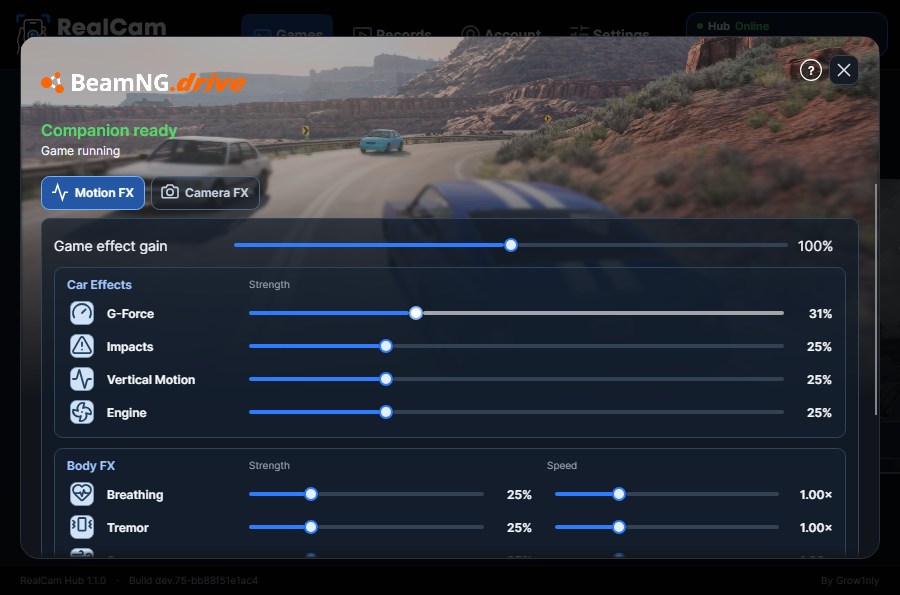 Motion FX for BeamNG.drive in RealCam Hub: sliders for G-Force, impacts, vertical motion, engine, breathing and tremor