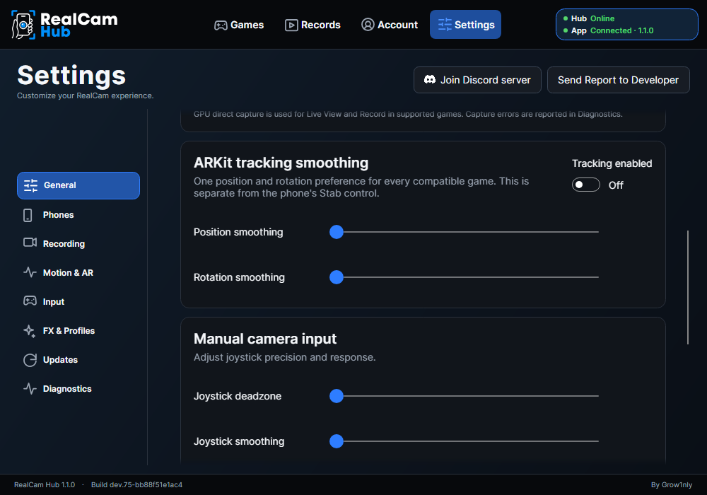 The Settings page of RealCam Hub with tracking smoothing and joystick input