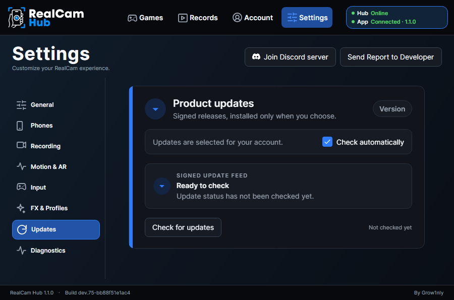 Product updates in the Settings of RealCam Hub