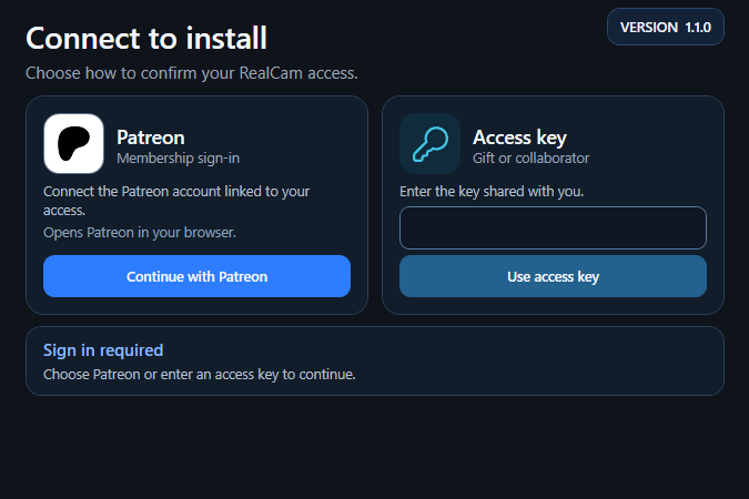 RealCam Hub Setup asking to connect with Patreon or an access key